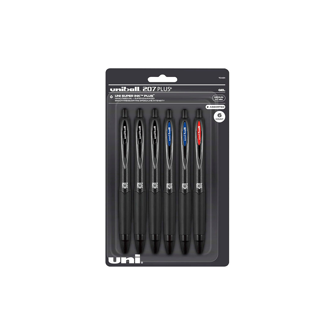 Uniball 207 Plus+ Retractable Gel Pens, Medium Point, 0.7 mm, Black Barrel, Black/Blue/Red Ink