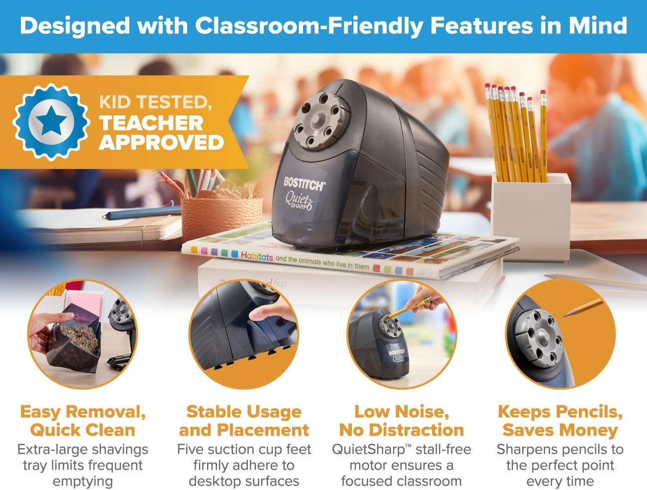 Bostitch Office QuietSharp 6 Electric Pencil Sharpener, Blue