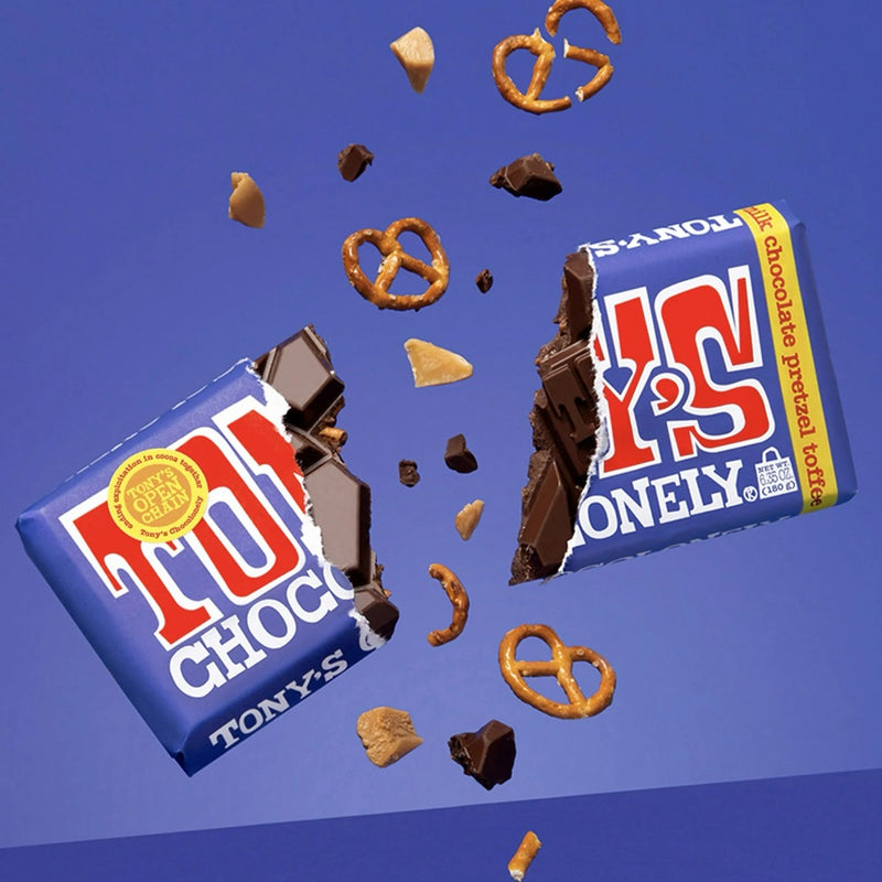 Load image into Gallery viewer, Tony's Chocolonely 42% Dark Milk Chocolate Bar with Pretzel and Toffee, 6.35 oz
