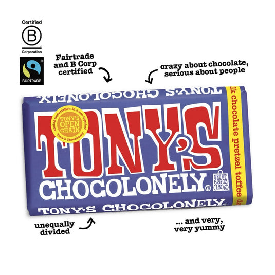 Tony's Chocolonely 42% Dark Milk Chocolate Bar with Pretzel and Toffee, 6.35 oz