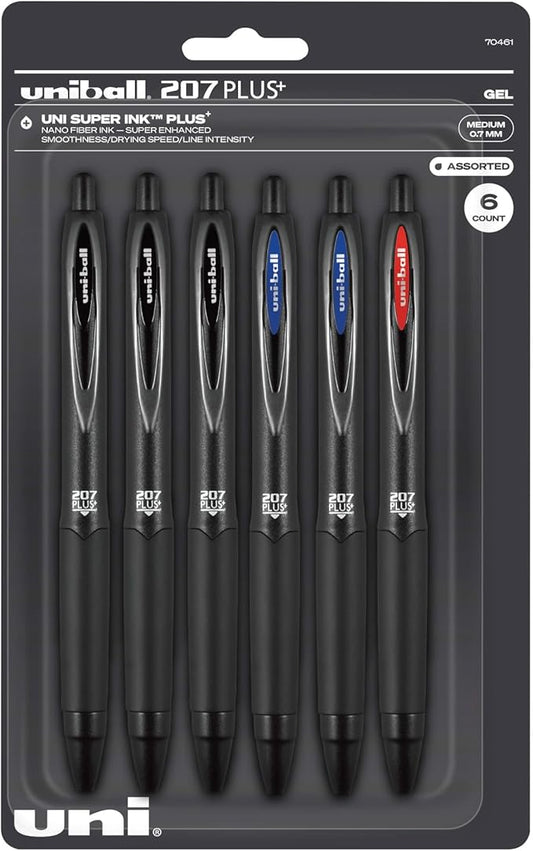 Uniball 207 Plus+ Retractable Gel Pens, Medium Point, 0.7 mm, Black Barrel, Black/Blue/Red Ink